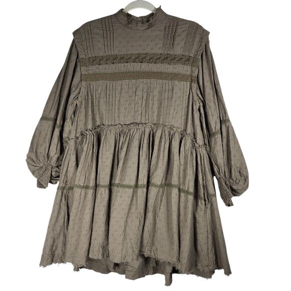 Anthro Pilcro Dress XSmall Army Green Textured Boho Ruffle Prairie Mini Raw Edge - Picture 1 of 15